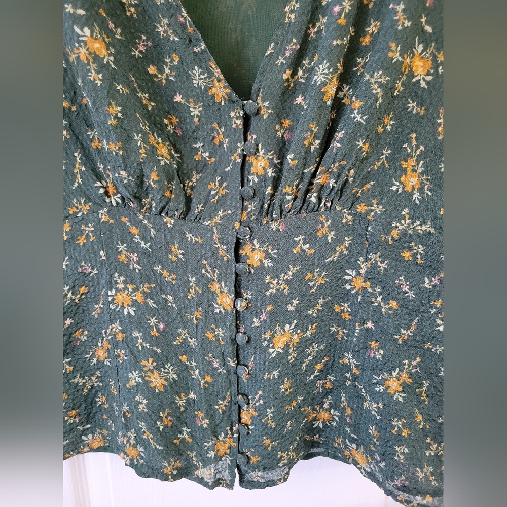 Madewell Silk Evie Tie-Sleeve Top Fresh Sprigs Green Floral Size 4 - Picture 2 of 13